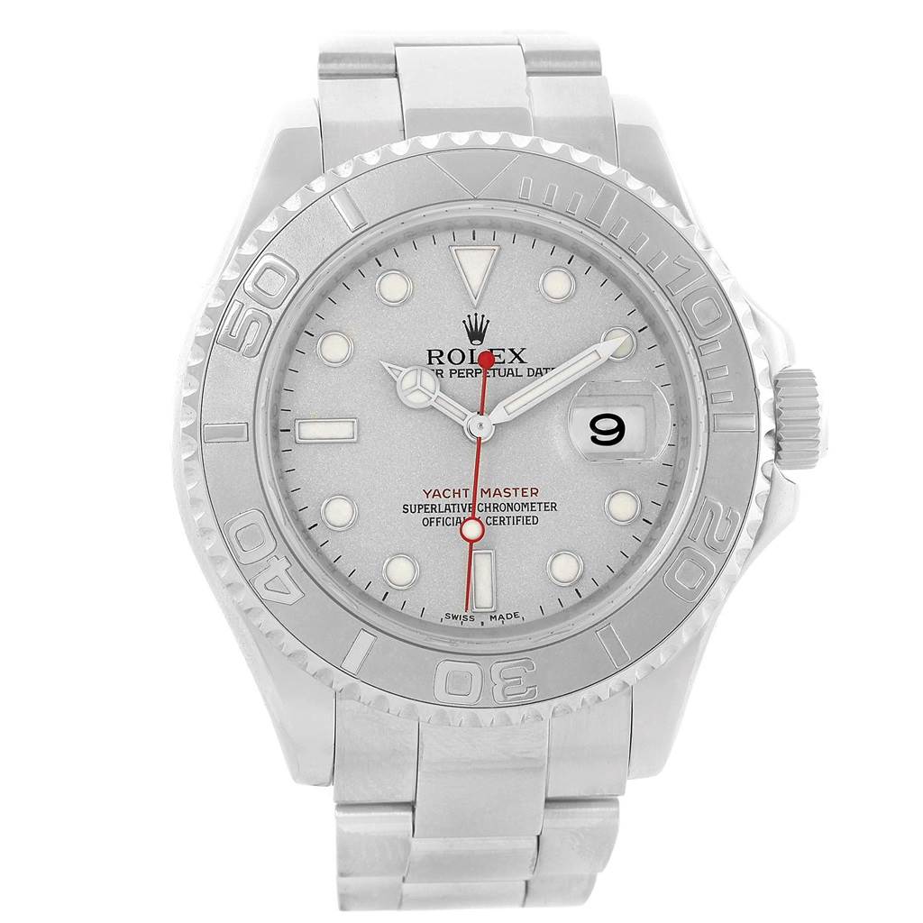 This image is a frontal view of a Rolex Yacht-Master watch, showing its bezel, dial, hands, and bracelet.