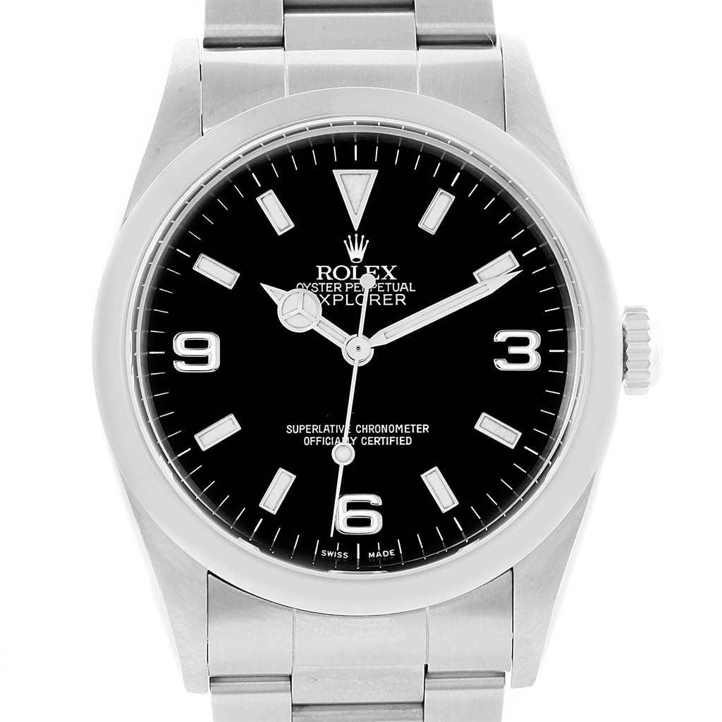 The image shows a front view of the Rolex Explorer 114270 Men's Stainless Steel Black Dial 114270 Men's Stainless Steel Black Dial model, displaying its dial, hands, crown, and part of the bracelet.