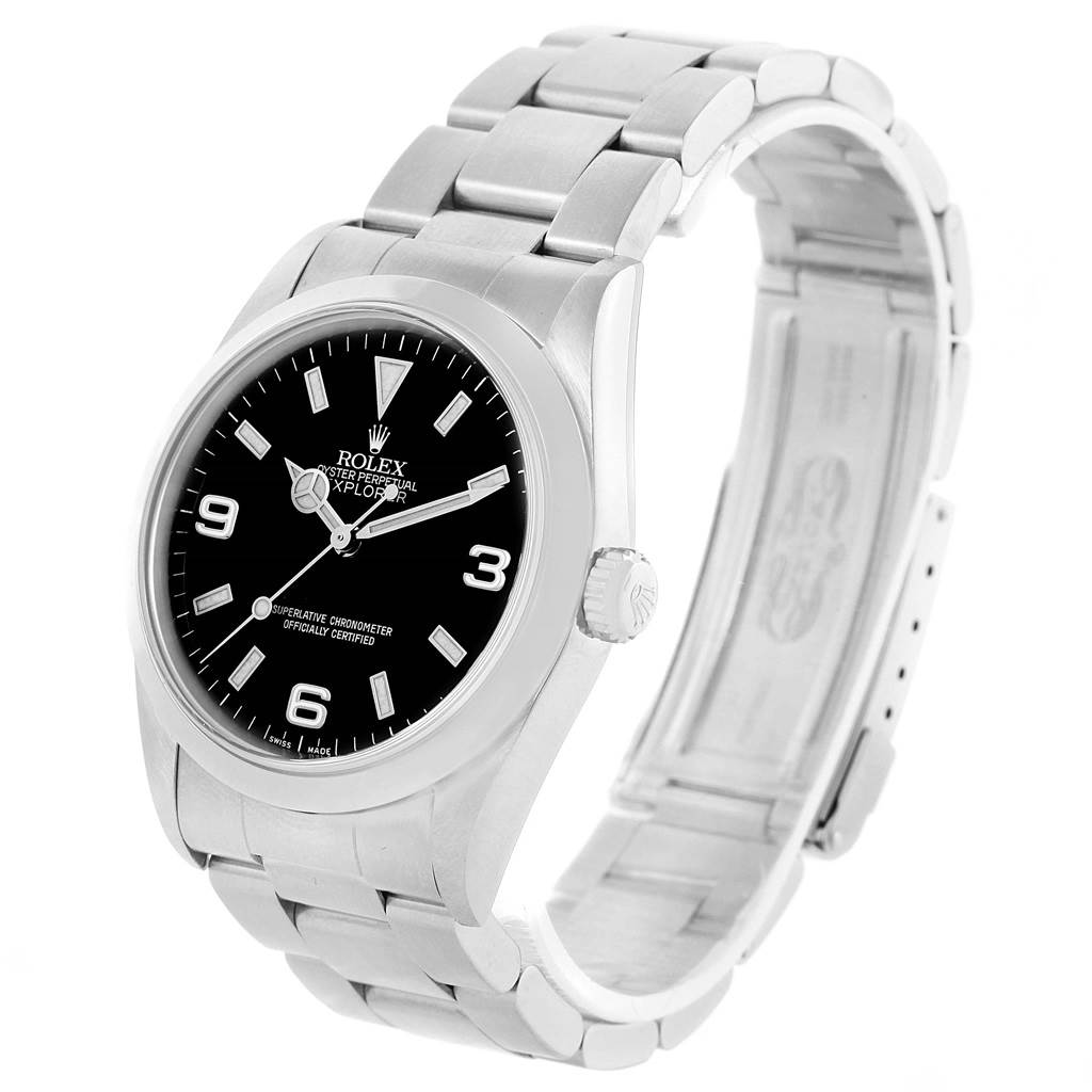 The Rolex Explorer 114270 Men's Stainless Steel Black Dial 114270 Men's Stainless Steel Black Dial watch is shown at an angled side view, displaying the face, bezel, and bracelet.