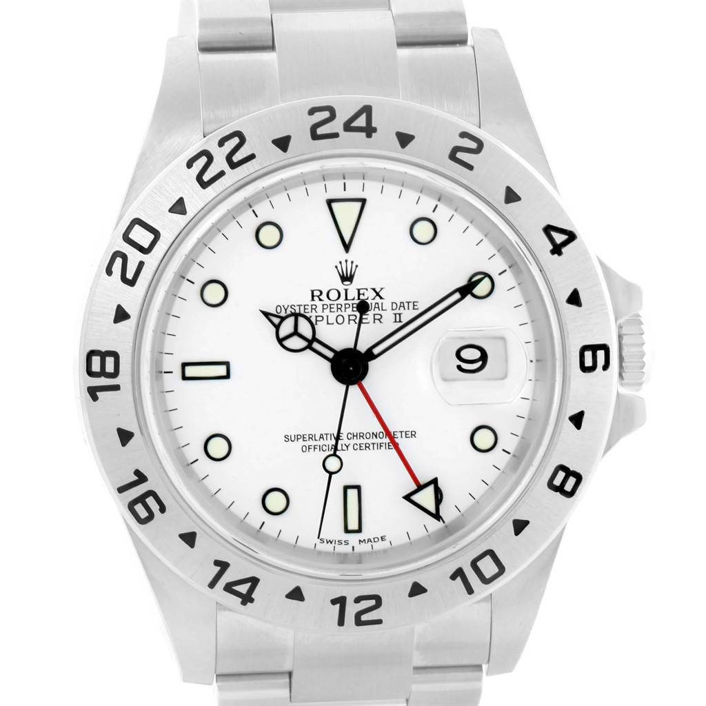 This image shows a front view of the Rolex Explorer 16570 Men's Stainless Steel White Dial 16570 Men's Stainless Steel White Dial watch, displaying its face, dial, bezel, and part of the bracelet.