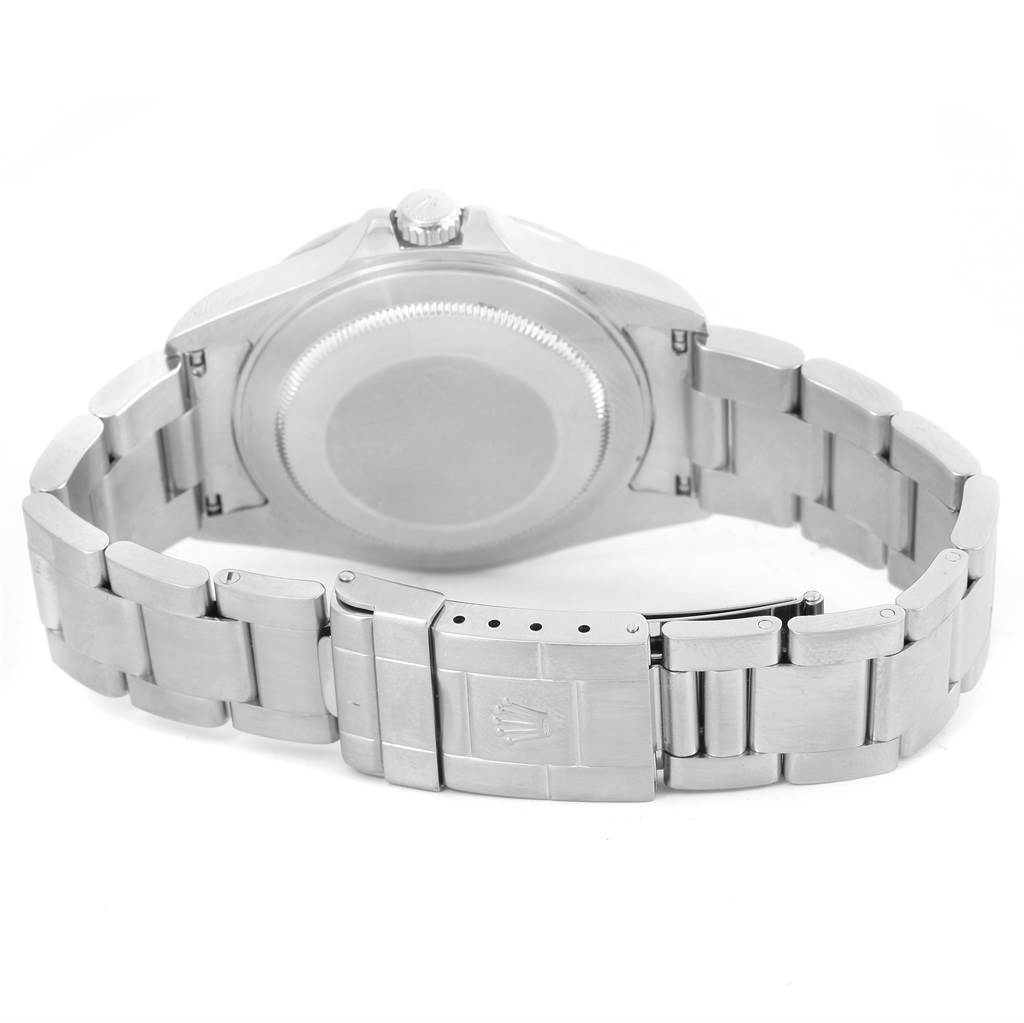 The image shows the back and bracelet of a Rolex Explorer 16570 Men's Stainless Steel White Dial 16570 Men's Stainless Steel White Dial watch, highlighting the clasp and caseback.