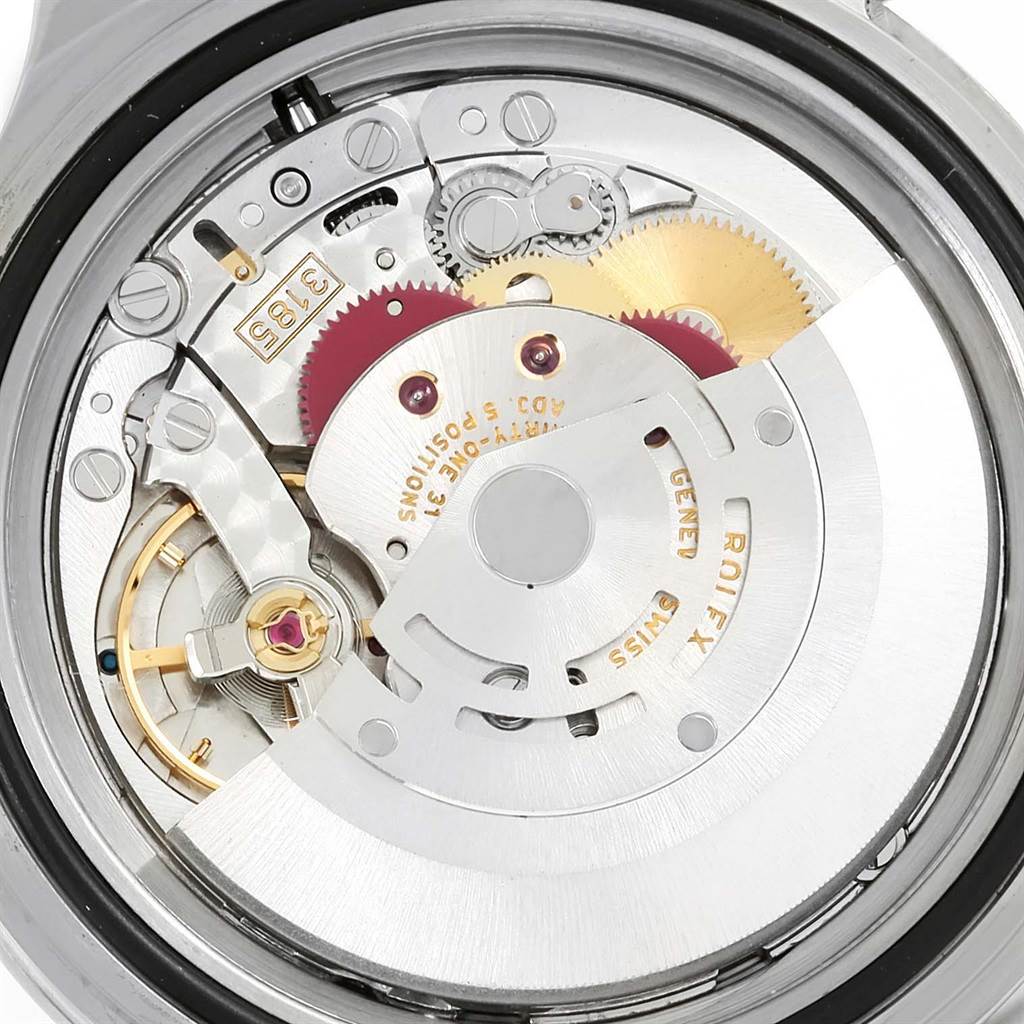The image shows the internal mechanism of a Rolex Explorer 16570 Men's Stainless Steel White Dial 16570 Men's Stainless Steel White Dial watch viewed from the back case.