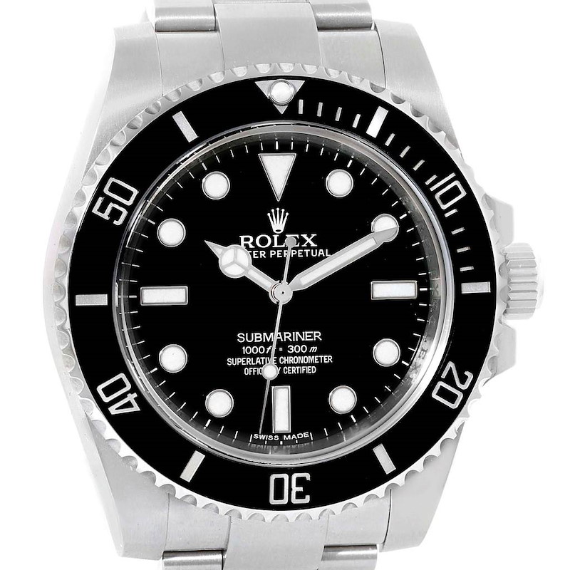 This is the Rolex Submariner model, showing a frontal view with its bezel, dial, hands, and part of the bracelet visible.