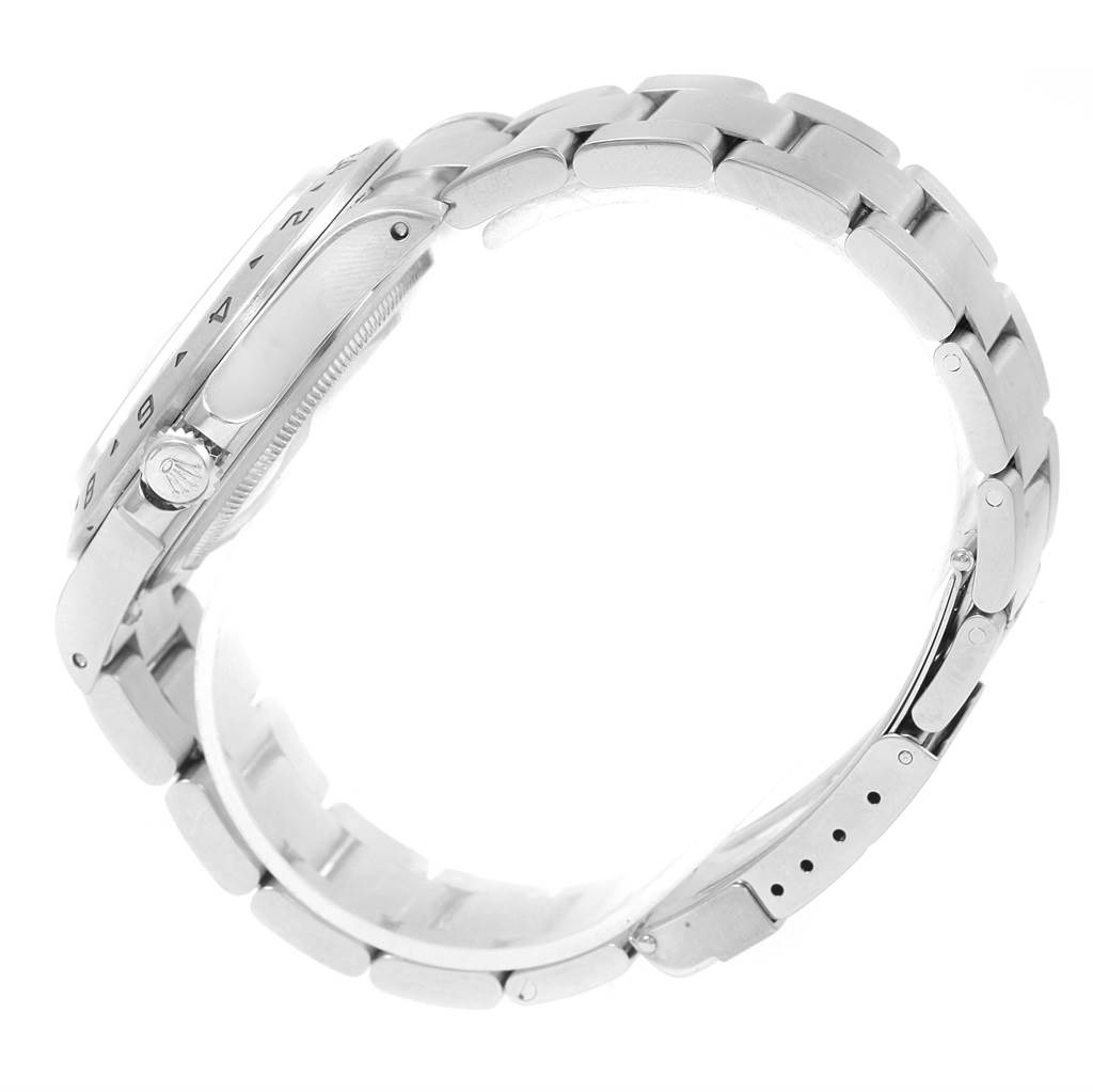 This side view of the Rolex Explorer 16570 Men's Stainless Steel White Dial 16570 Men's Stainless Steel White Dial watch displays its bracelet, case, and crown.