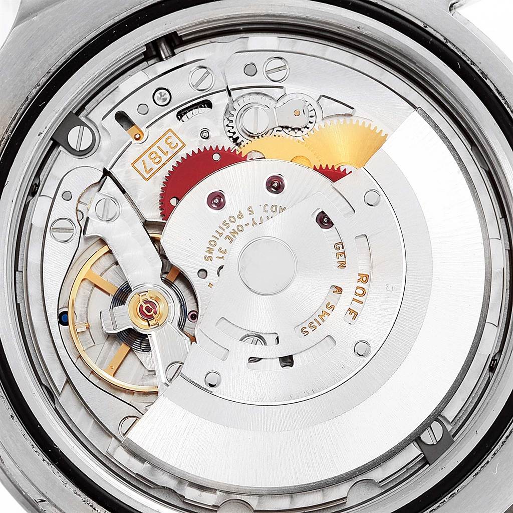 This image shows a close-up view of the movement inside a Rolex Explorer 216570 Men's Stainless Steel White Dial 216570 Men's Stainless Steel White Dial watch.
