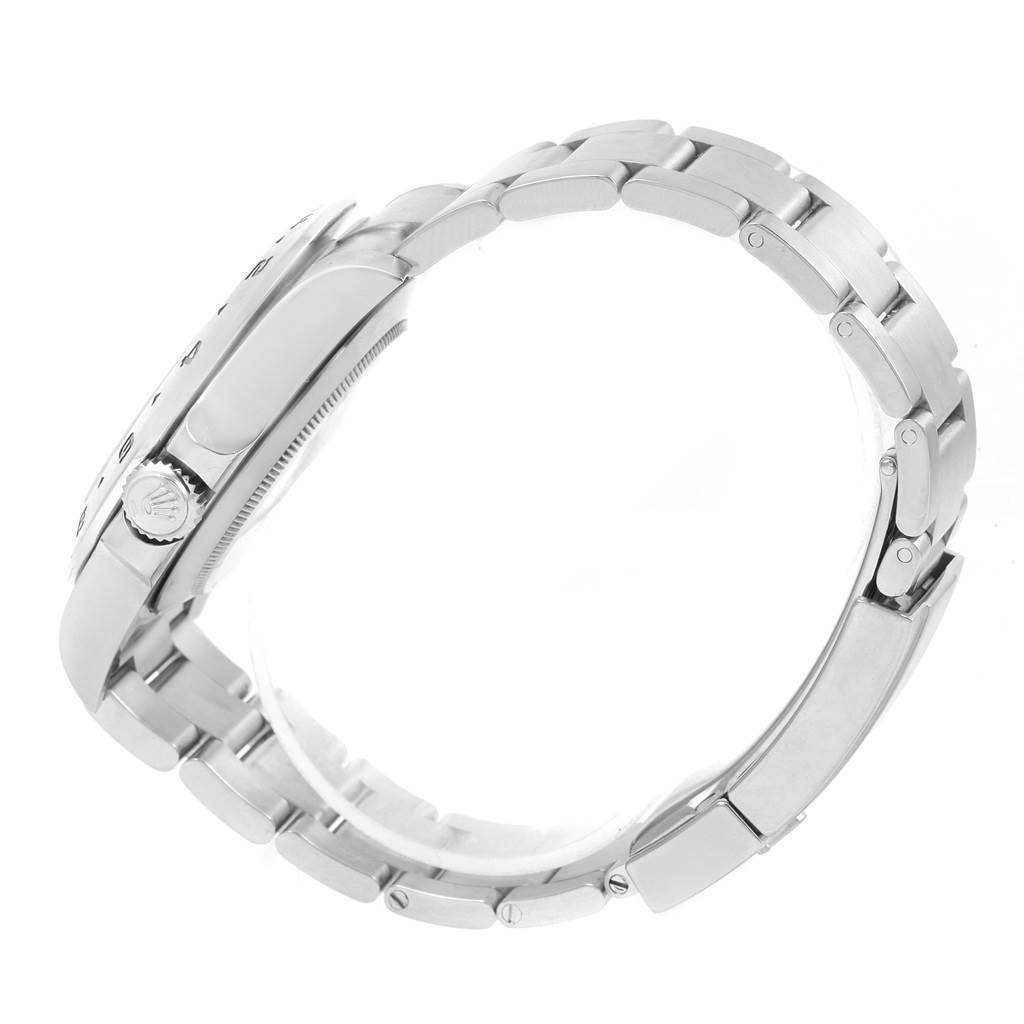 This image shows a side profile of the Rolex Explorer 216570 Men's Stainless Steel White Dial 216570 Men's Stainless Steel White Dial watch, highlighting the crown, bezel, and metal bracelet.