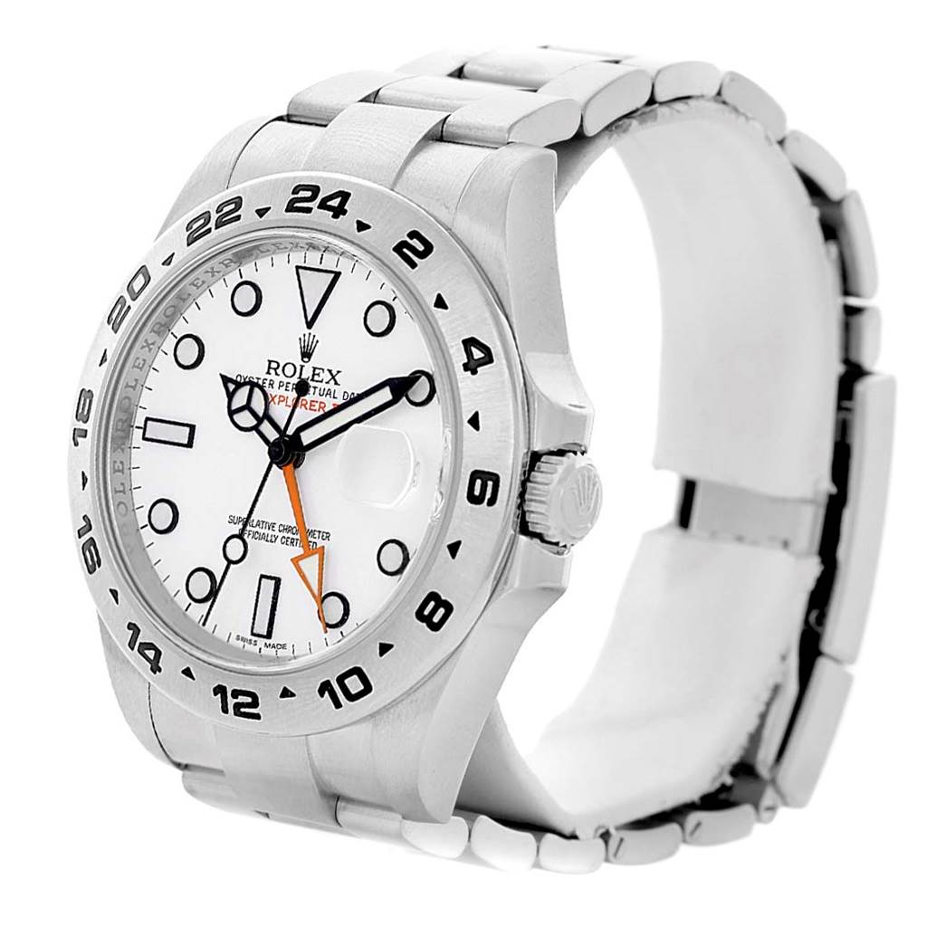 The image shows the front and side view of a Rolex Explorer 216570 Men's Stainless Steel White Dial 216570 Men's Stainless Steel White Dial model watch, highlighting the dial, bezel, crown, and part of the bracelet.