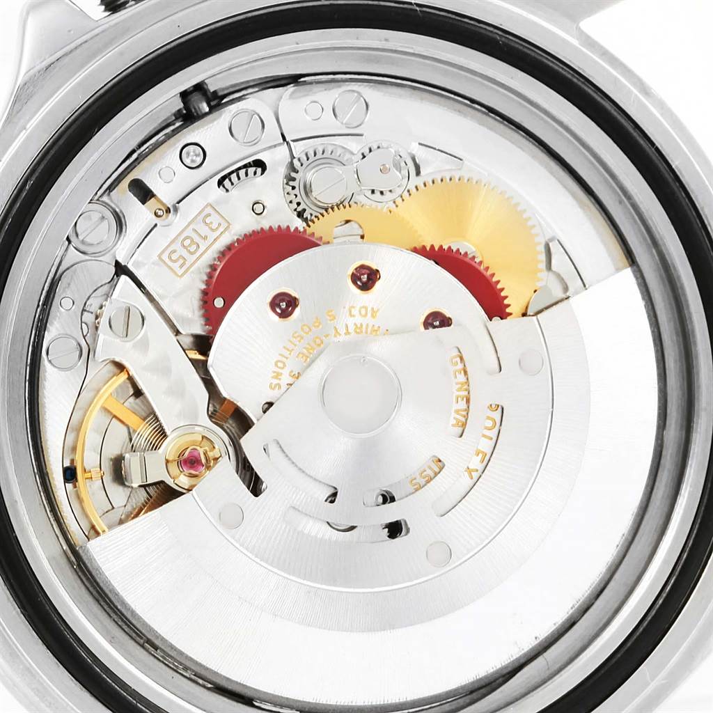 The image shows the movement and internal mechanism of a Rolex Explorer 16570 Men's Stainless Steel White Dial 16570 Men's Stainless Steel White Dial watch from a rear, close-up angle.
