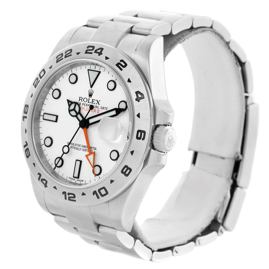 The image shows a Rolex Explorer 216570 Men's Stainless Steel White Dial 216570 Men's Stainless Steel White Dial watch at an angle highlighting the face, bezel, crown, and stainless steel bracelet.