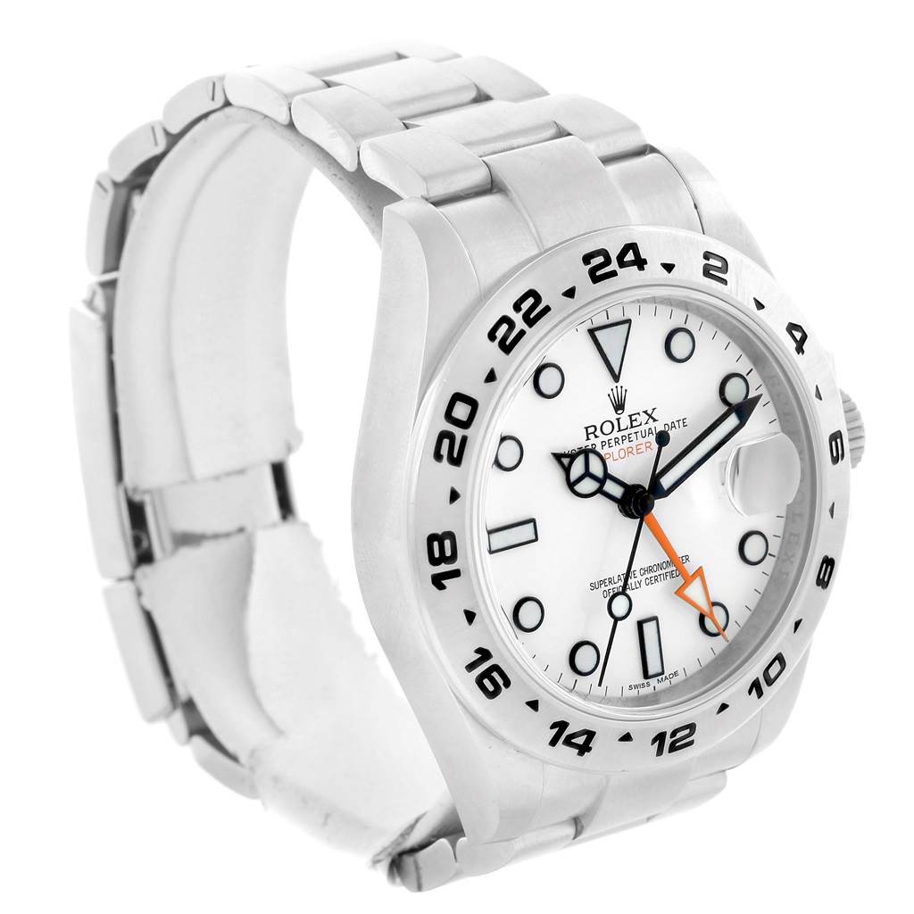 The image shows a front-angle view of a Rolex Explorer 216570 Men's Stainless Steel White Dial 216570 Men's Stainless Steel White Dial model, displaying the face, bezel, and metal bracelet.