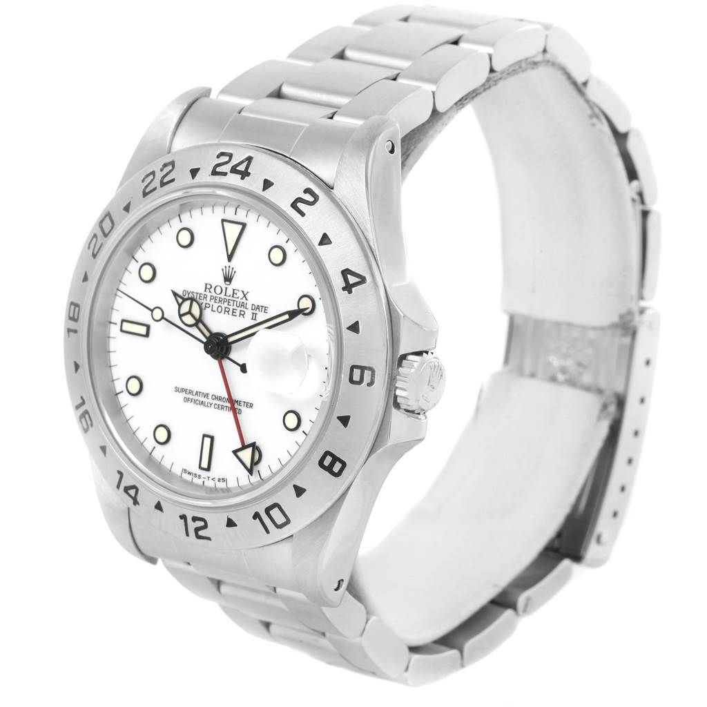 This image shows the front and side view of a Rolex Explorer 16570 Men's Stainless Steel White Dial 16570 Men's Stainless Steel White Dial model watch, displaying the face, bezel, and bracelet.