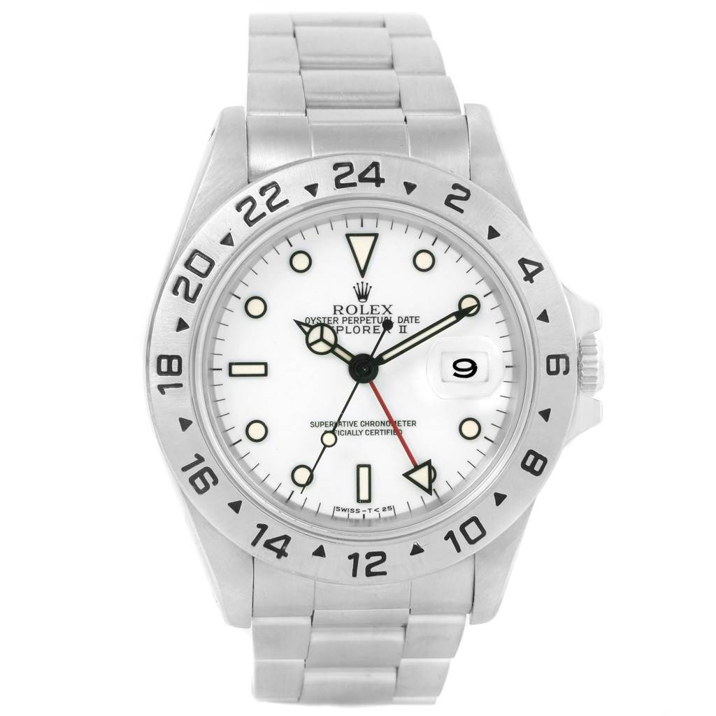 The image shows a front view of a Rolex Explorer 16570 Men's Stainless Steel White Dial 16570 Men's Stainless Steel White Dial watch, highlighting its dial, bezel, hands, and bracelet.