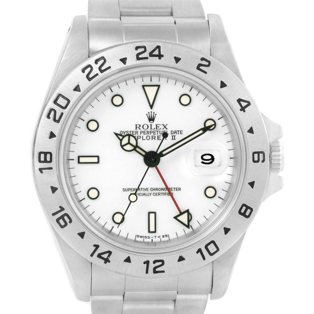 The image shows a front view of a Rolex Explorer 16570 Men's Stainless Steel White Dial 16570 Men's Stainless Steel White Dial watch displaying its dial, bezel, and bracelet.
