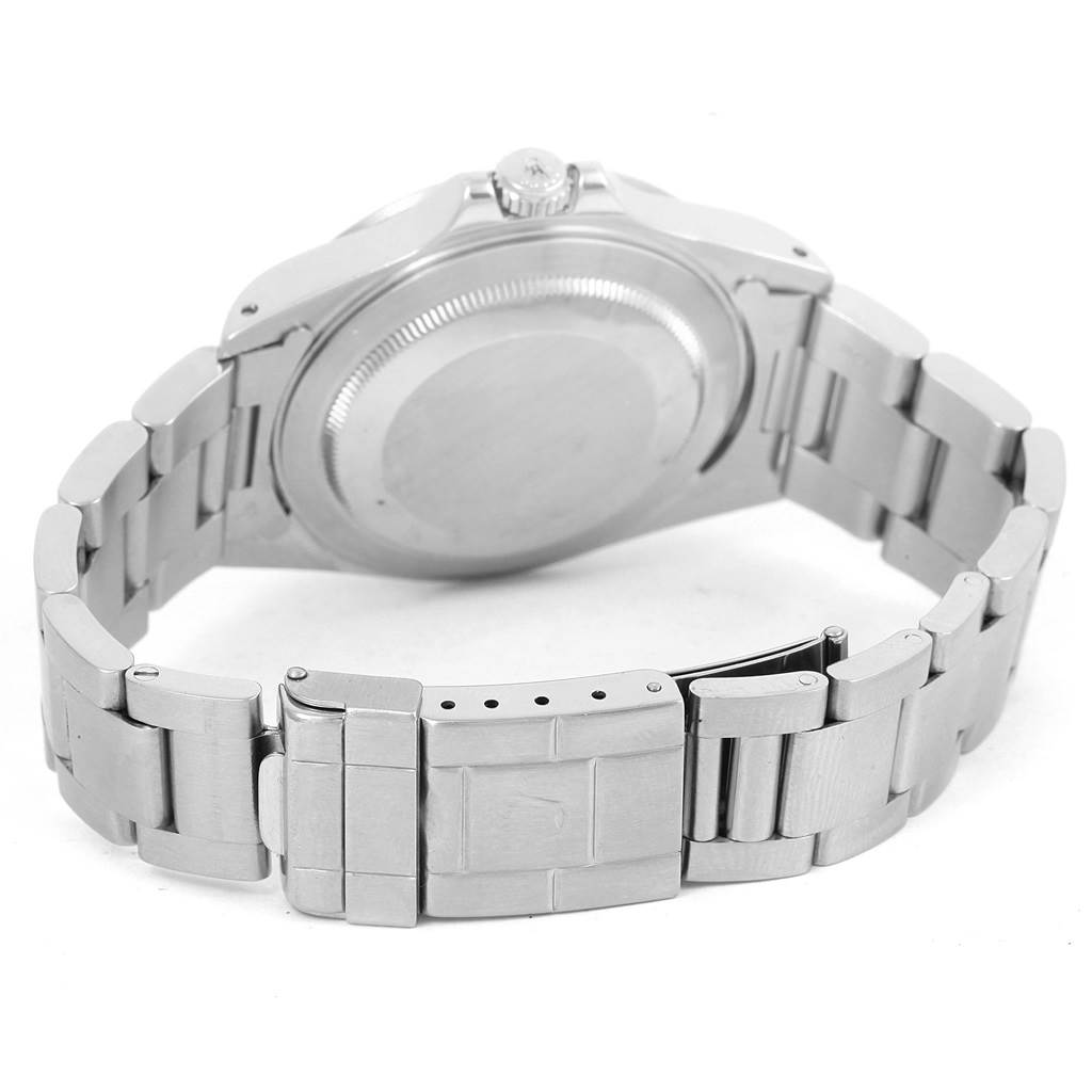 The image shows the back case and bracelet of the Rolex Explorer 16570 Men's Stainless Steel White Dial 16570 Men's Stainless Steel White Dial watch from a slightly low rear angle.