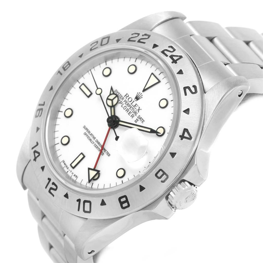 The image shows a tilted view of a Rolex Explorer 16570 Men's Stainless Steel White Dial 16570 Men's Stainless Steel White Dial watch, highlighting its bezel, crown, and bracelet.