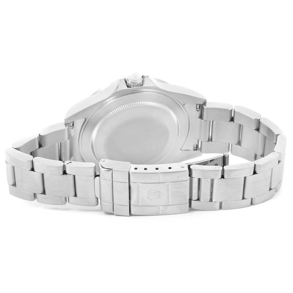 The image shows the back case and bracelet of the Rolex Explorer 16570 Men's Stainless Steel Black Dial 16570 Men's Stainless Steel Black Dial watch, highlighting the Oyster clasp and bracelet links.