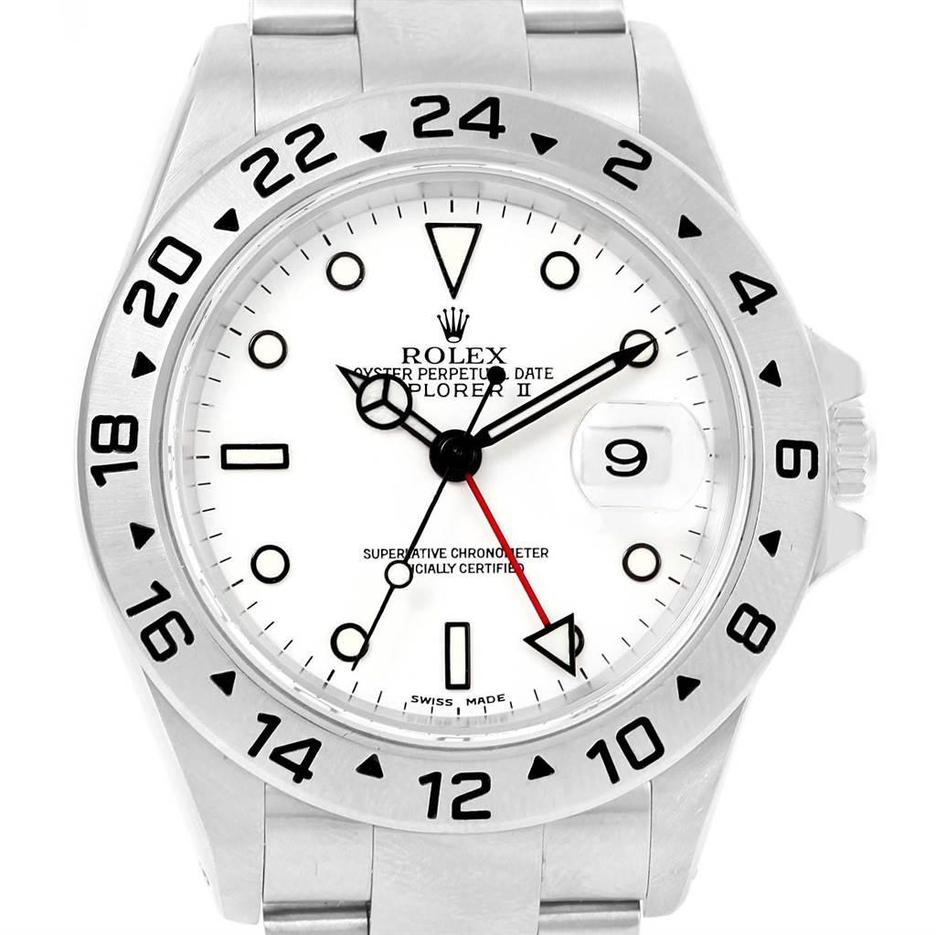 The image shows the front view of the Rolex Explorer 16570 Men's Stainless Steel White Dial 16570 Men's Stainless Steel White Dial watch, highlighting its white dial, bezel, and bracelet.