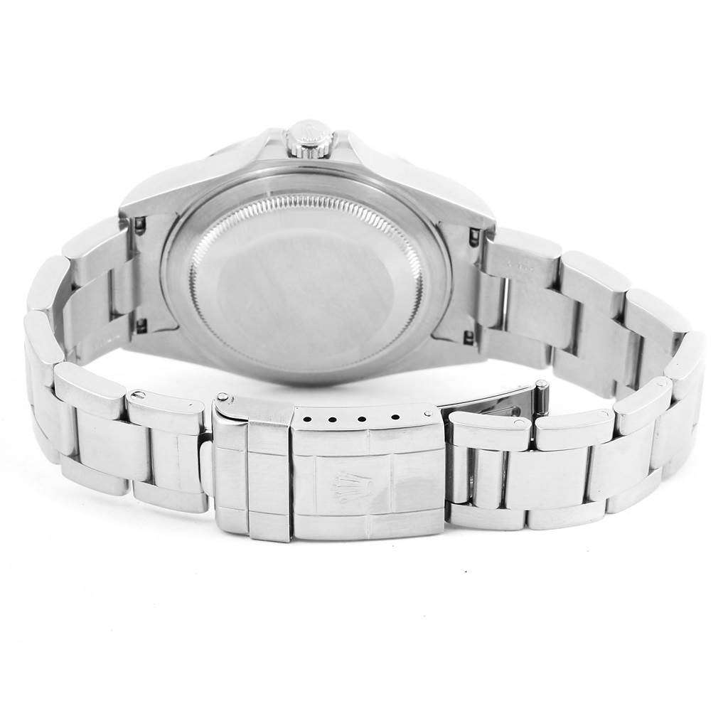 The image shows the back view of a Rolex Explorer 16570 Men's Stainless Steel White Dial 16570 Men's Stainless Steel White Dial watch, displaying its case back, bracelet, and clasp.