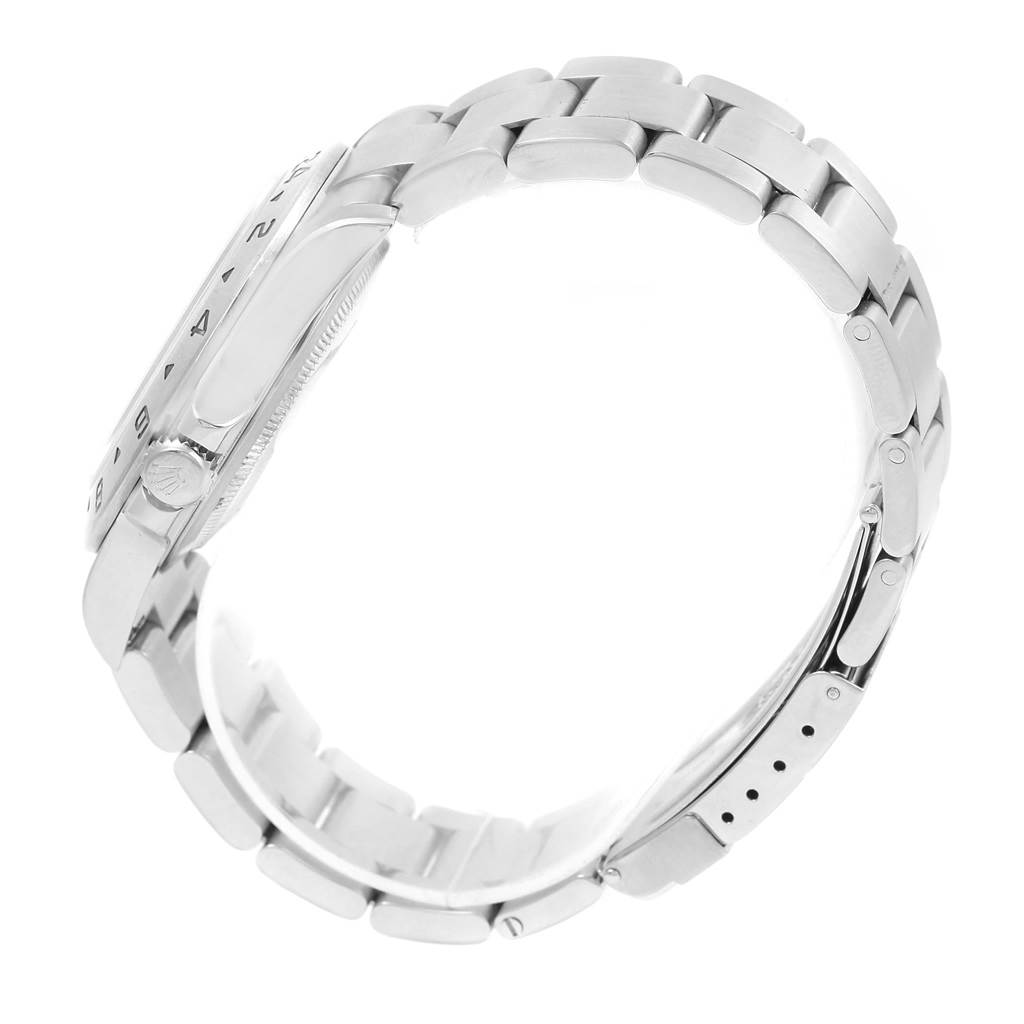 The image shows a side view of the Rolex Explorer 16570 Men's Stainless Steel White Dial 16570 Men's Stainless Steel White Dial watch, highlighting the bracelet and the edge of the watch case.