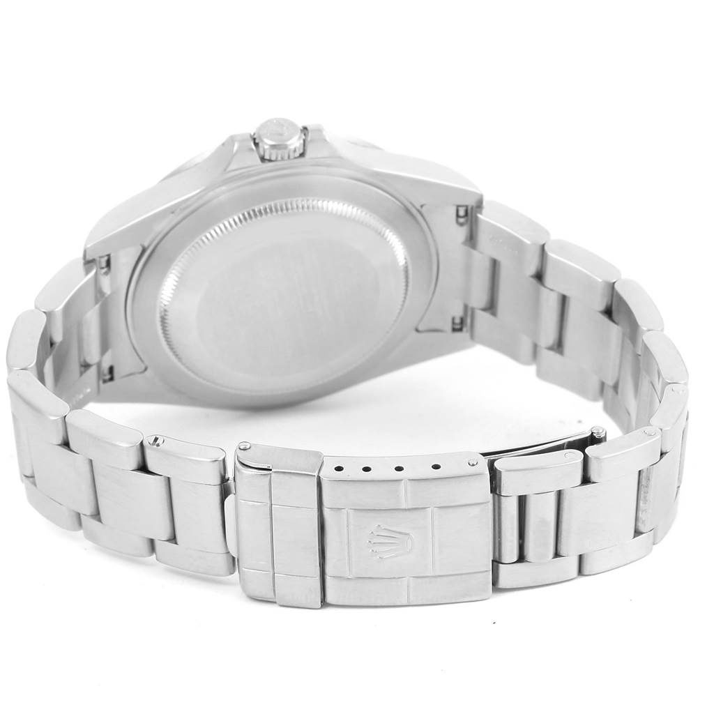 The image shows the back case and bracelet of the Rolex Explorer 16570 Men's Stainless Steel White Dial 16570 Men's Stainless Steel White Dial watch, viewed from the rear.