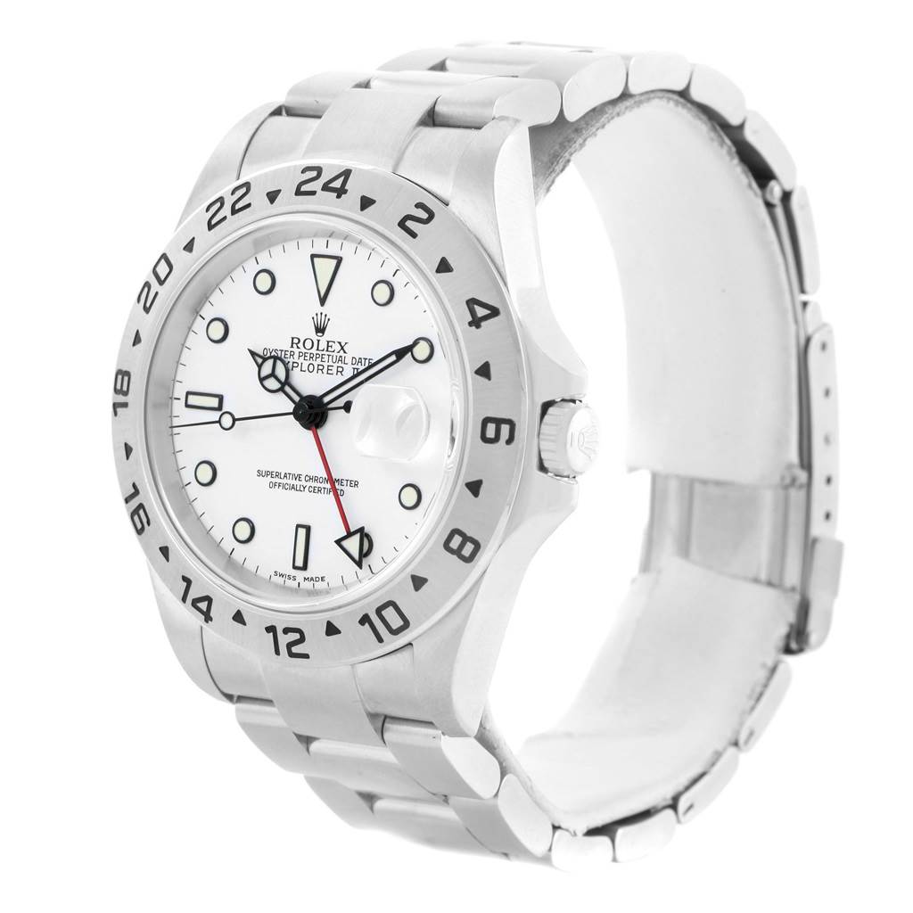 The image shows a Rolex Explorer 16570 Men's Stainless Steel White Dial 16570 Men's Stainless Steel White Dial watch from an oblique front angle, displaying the dial, bezel, and bracelet.