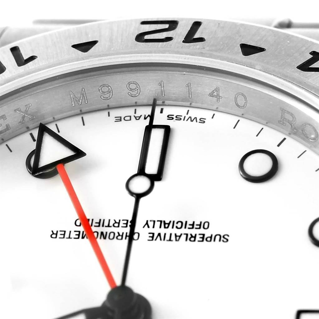 The image shows a close-up view of the Rolex Explorer 16570 Men's Stainless Steel White Dial 16570 Men's Stainless Steel White Dial watch dial, focusing on the hands, markers, and part of the bezel.