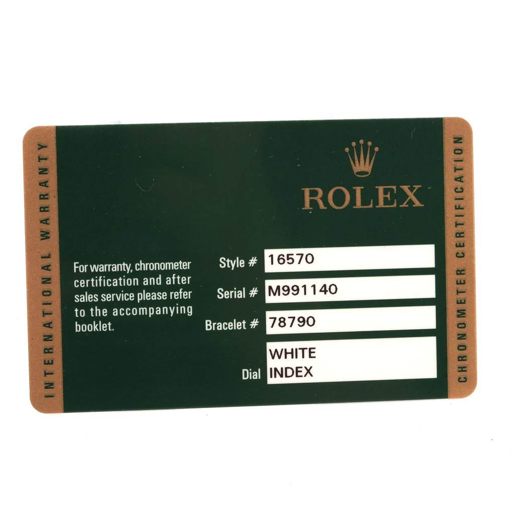 This image shows a warranty card detailing the style, serial, bracelet, and dial information for a Rolex Explorer 16570 Men's Stainless Steel White Dial 16570 Men's Stainless Steel White Dial watch.