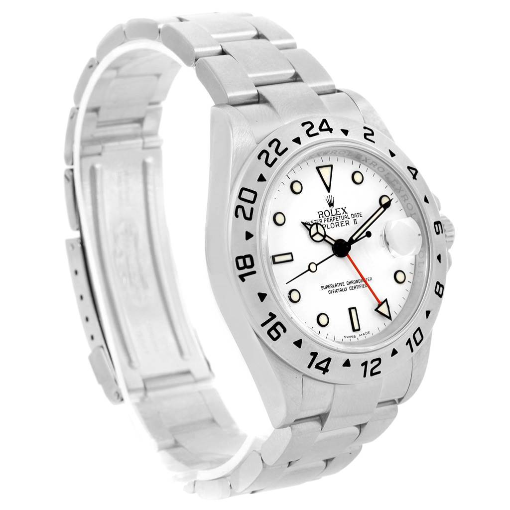 The image shows a side angle view of a Rolex Explorer 16570 Men's Stainless Steel White Dial 16570 Men's Stainless Steel White Dial watch, highlighting the face, bezel, and part of the bracelet.