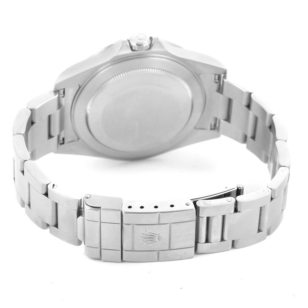 The image shows the back and bracelet of a Rolex Explorer 16570 Men's Stainless Steel White Dial 16570 Men's Stainless Steel White Dial watch, focusing on the clasp and caseback.