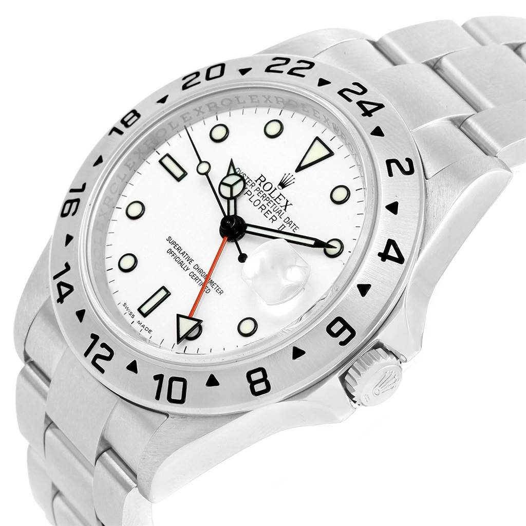 This image shows a Rolex Explorer 16570 Men's Stainless Steel White Dial 16570 Men's Stainless Steel White Dial model watch at a three-quarter angle, showcasing its face, bezel, crown, and part of the bracelet.