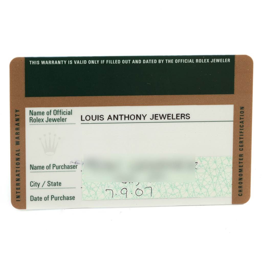 This is the warranty card for a Rolex Explorer 16570 Men's Stainless Steel White Dial 16570 Men's Stainless Steel White Dial watch, showing the name of the official jeweler, purchaser, city/state, and date of purchase.