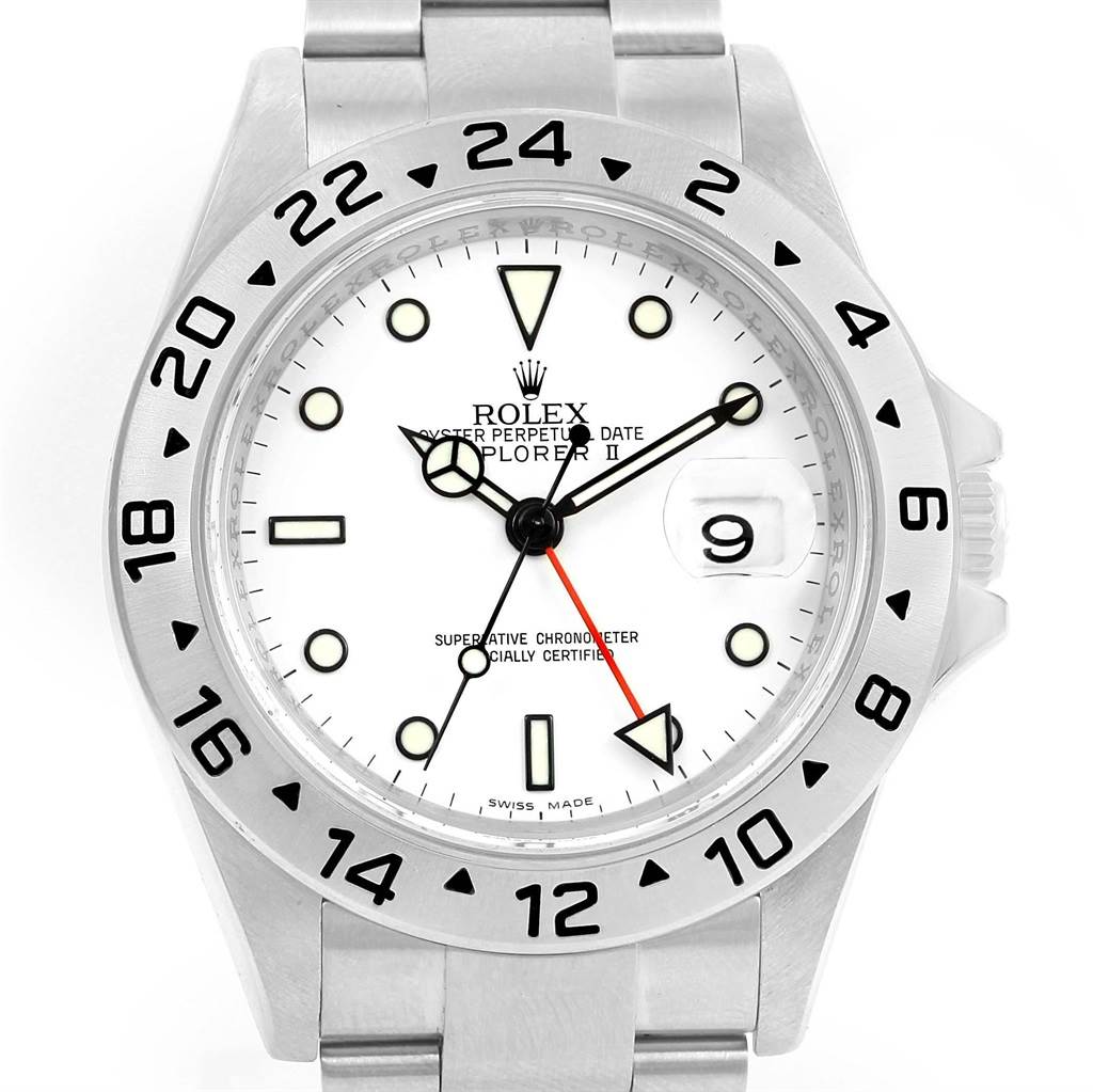 This image shows a Rolex Explorer 16570 Men's Stainless Steel White Dial 16570 Men's Stainless Steel White Dial from a front angle showcasing the face, bezel, and part of the bracelet.