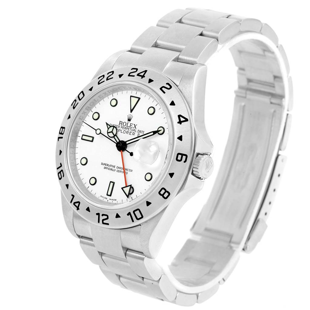 The Rolex Explorer 16570 Men's Stainless Steel White Dial 16570 Men's Stainless Steel White Dial watch is shown at an angled view, displaying the dial, bezel, crown, and bracelet.