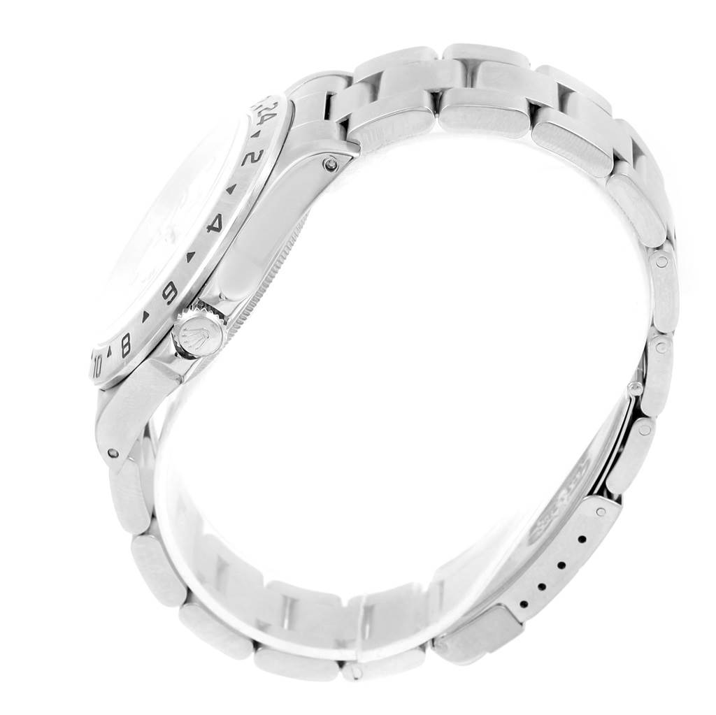 The image shows a side view of a Rolex Explorer 16570 Men's Stainless Steel White Dial 16570 Men's Stainless Steel White Dial watch, highlighting the bezel, crown, and bracelet.