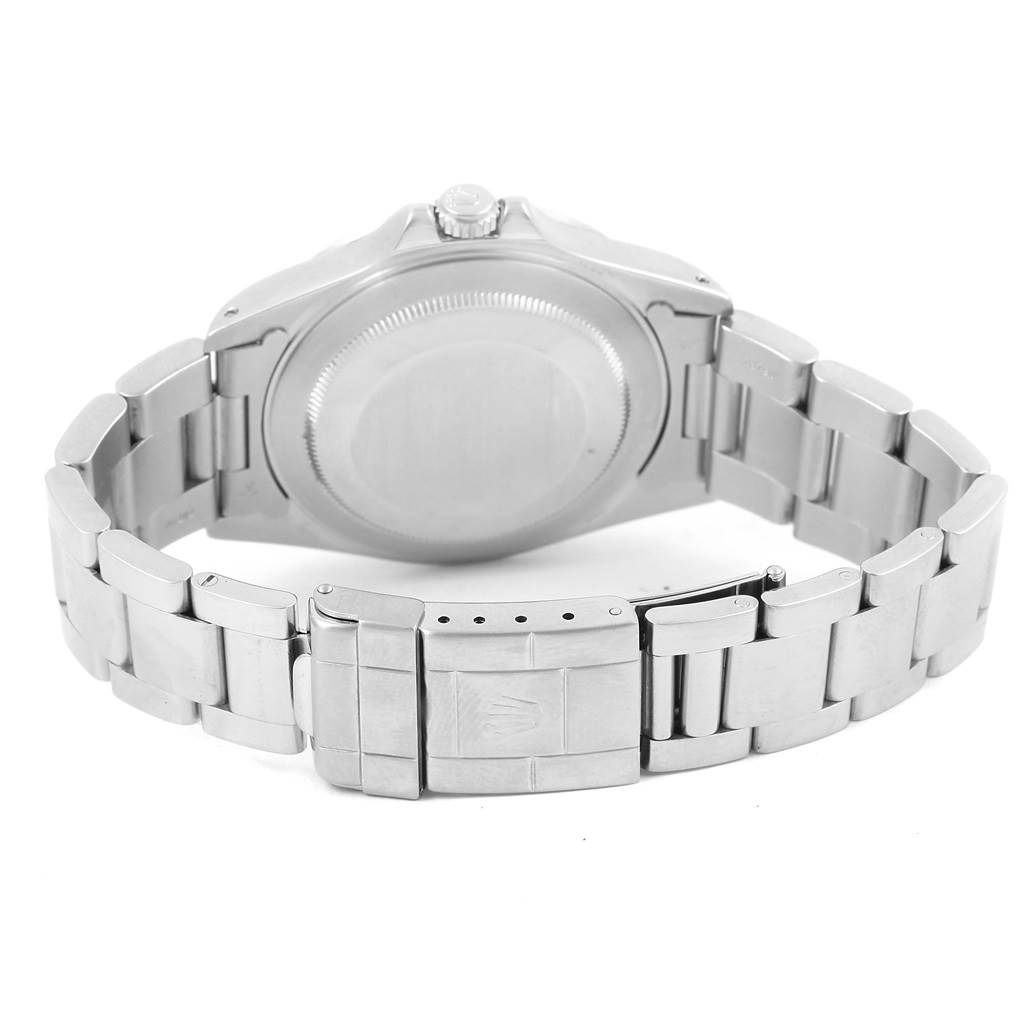 This image shows the back view of the Rolex Explorer 16570 Men's Stainless Steel White Dial 16570 Men's Stainless Steel White Dial watch and its metal bracelet.