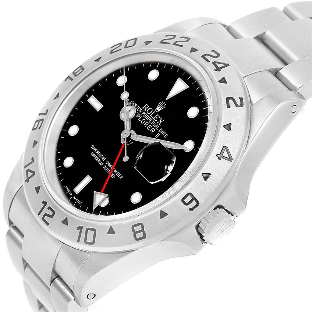 The image shows a Rolex Explorer 16570 Men's Stainless Steel Black Dial 16570 Men's Stainless Steel Black Dial model watch from an angled side view, displaying the bezel, dial, and bracelet.