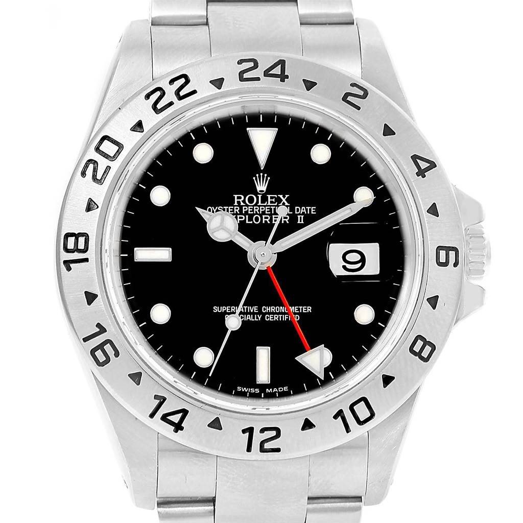 This image shows a front view of a Rolex Explorer 16570 Men's Stainless Steel Black Dial 16570 Men's Stainless Steel Black Dial watch, displaying its face, bezel, and part of the bracelet.