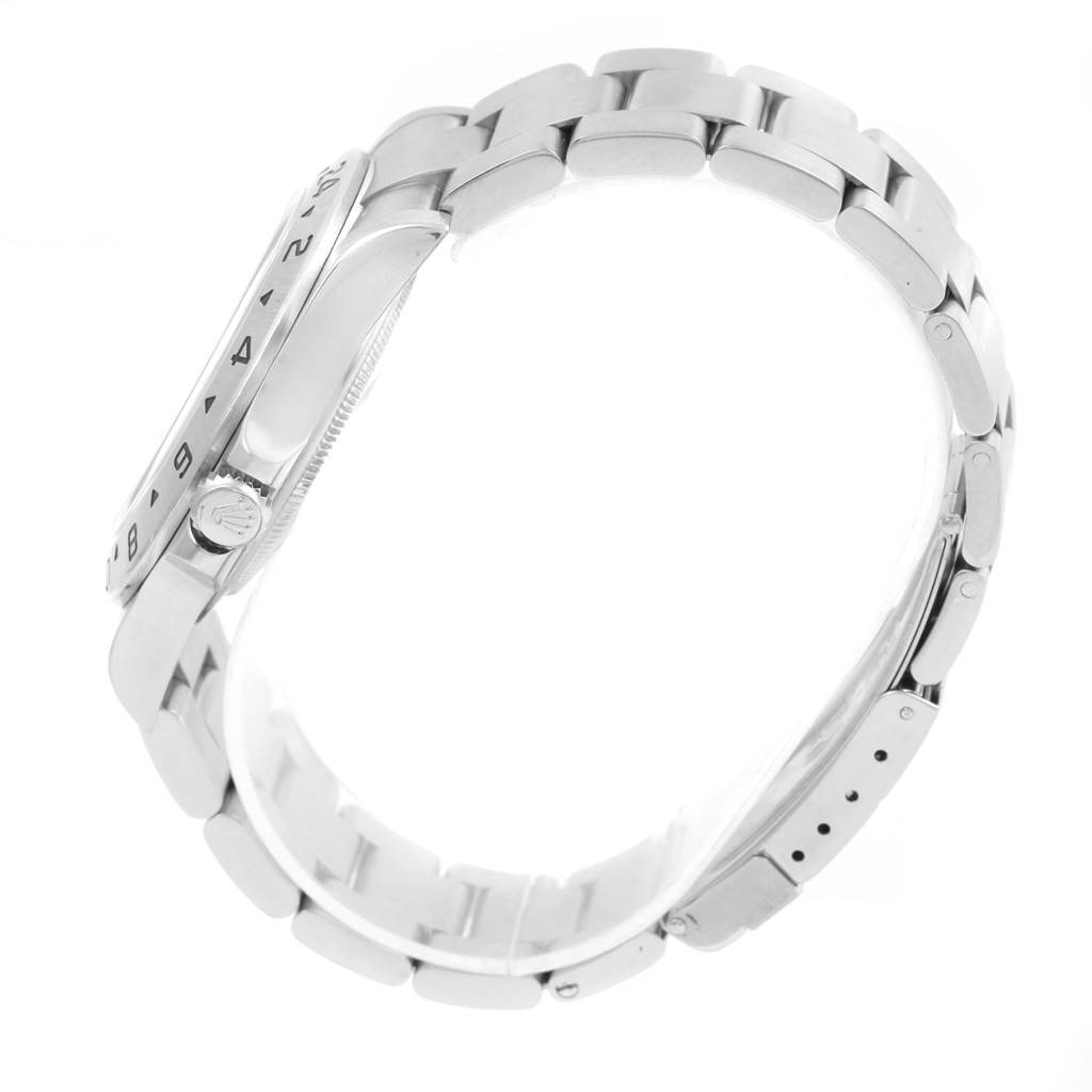 The image shows a side view of the Rolex Explorer 16570 Men's Stainless Steel Black Dial 16570 Men's Stainless Steel Black Dial watch, focusing on the bezel, crown, and metal bracelet.