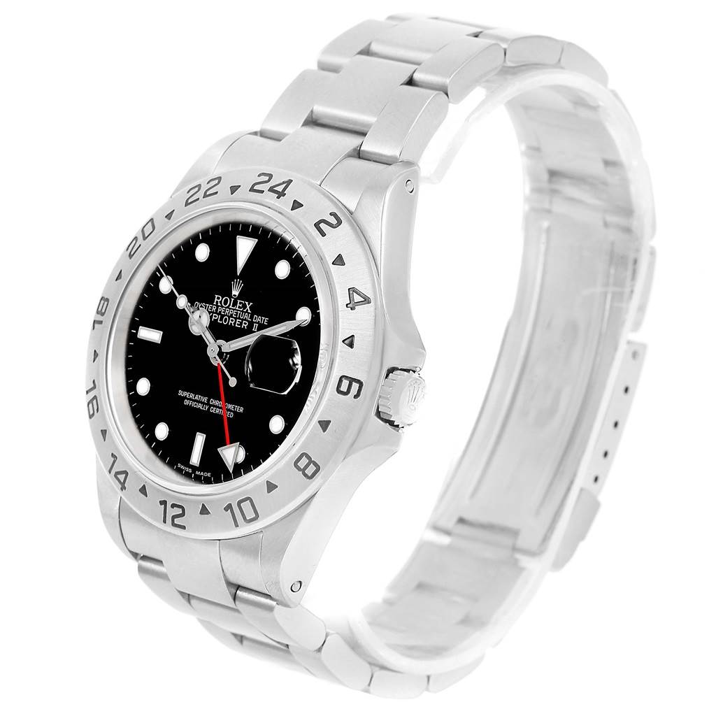 This is a three-quarter angle view of a Rolex Explorer 16570 Men's Stainless Steel Black Dial 16570 Men's Stainless Steel Black Dial model watch, showing the face, bezel, crown, and bracelet.