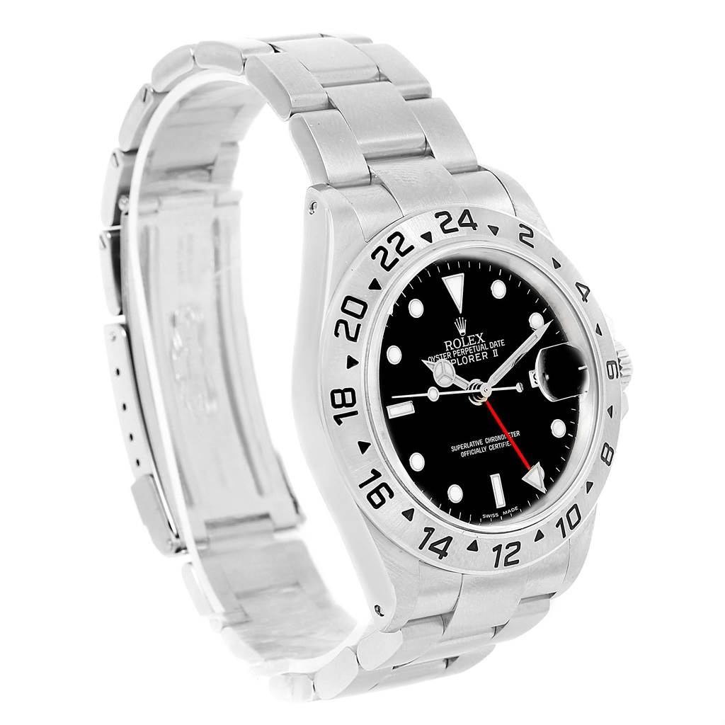 The Rolex Explorer 16570 Men's Stainless Steel Black Dial 16570 Men's Stainless Steel Black Dial watch is shown at a three-quarter angle, highlighting the bezel, dial, and bracelet.