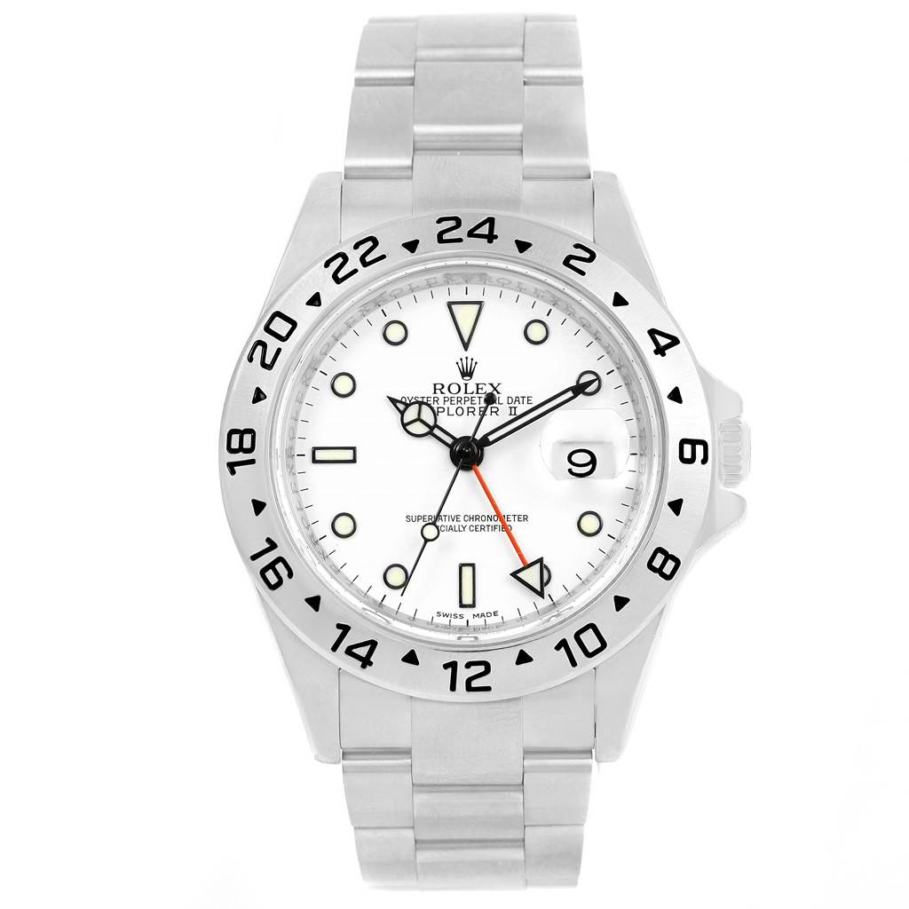 This is a front-angle view of a Rolex Explorer 16570 Men's Stainless Steel White Dial 16570 Men's Stainless Steel White Dial watch, showing its face, bezel, and part of the bracelet.