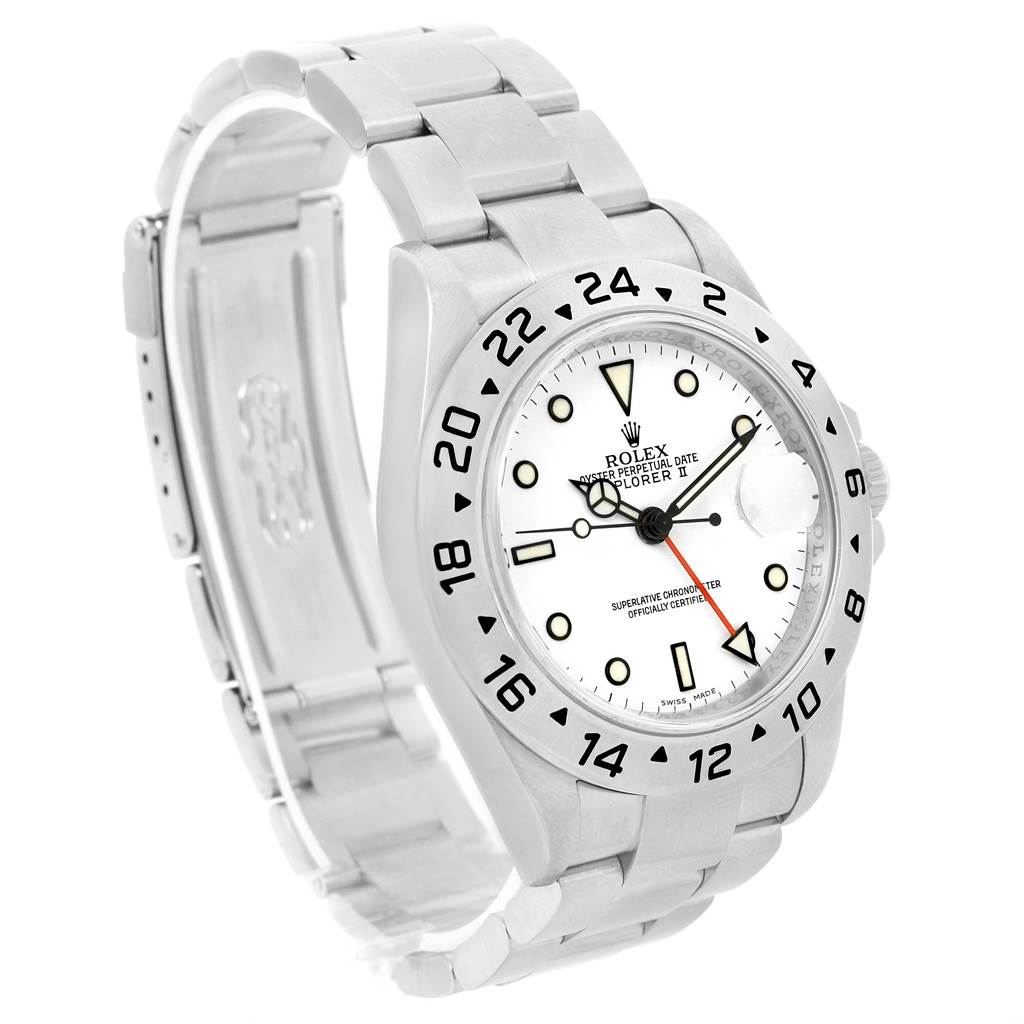 The image showcases the Rolex Explorer 16570 Men's Stainless Steel White Dial 16570 Men's Stainless Steel White Dial watch, highlighting its face, bezel, and bracelet at an oblique angle.