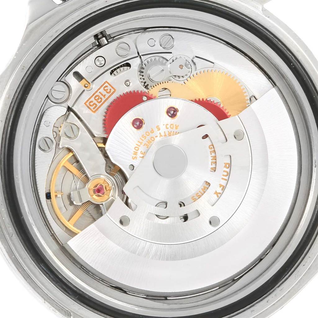 The image shows the movement mechanism of a Rolex Explorer 16570 Men's Stainless Steel Black Dial 16570 Men's Stainless Steel Black Dial watch from a close-up, top-down angle.