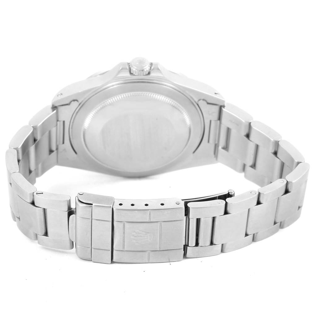 The image shows the back view of the case and bracelet of a Rolex Explorer 16570 Men's Stainless Steel Black Dial 16570 Men's Stainless Steel Black Dial watch.