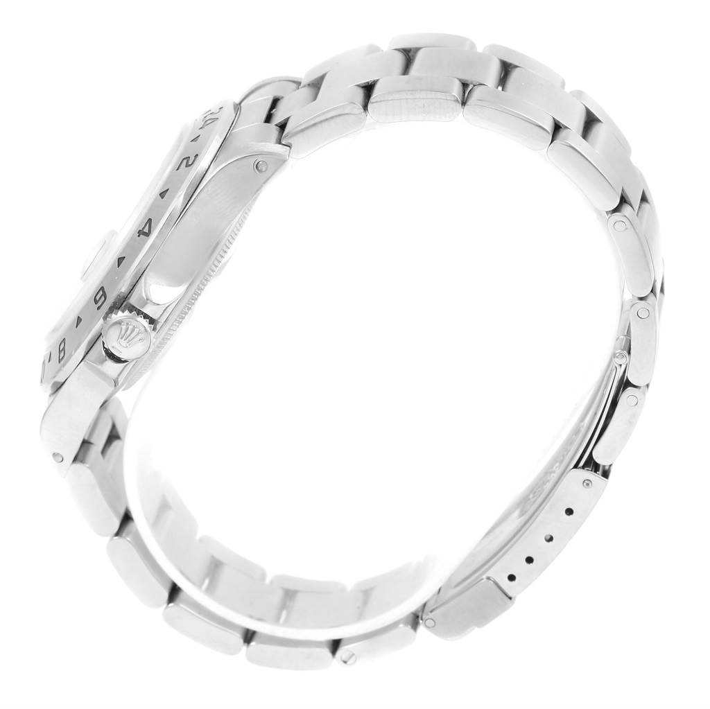 The image shows a side profile of the Rolex Explorer 16570 Men's Stainless Steel Black Dial 16570 Men's Stainless Steel Black Dial watch, highlighting the crown, bezel, and bracelet links.