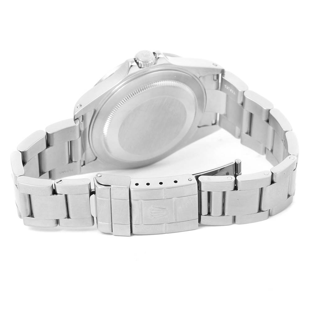 The image shows the back view of a Rolex Explorer 16570 Men's Stainless Steel White Dial 16570 Men's Stainless Steel White Dial watch, highlighting the bracelet, clasp, and case back.