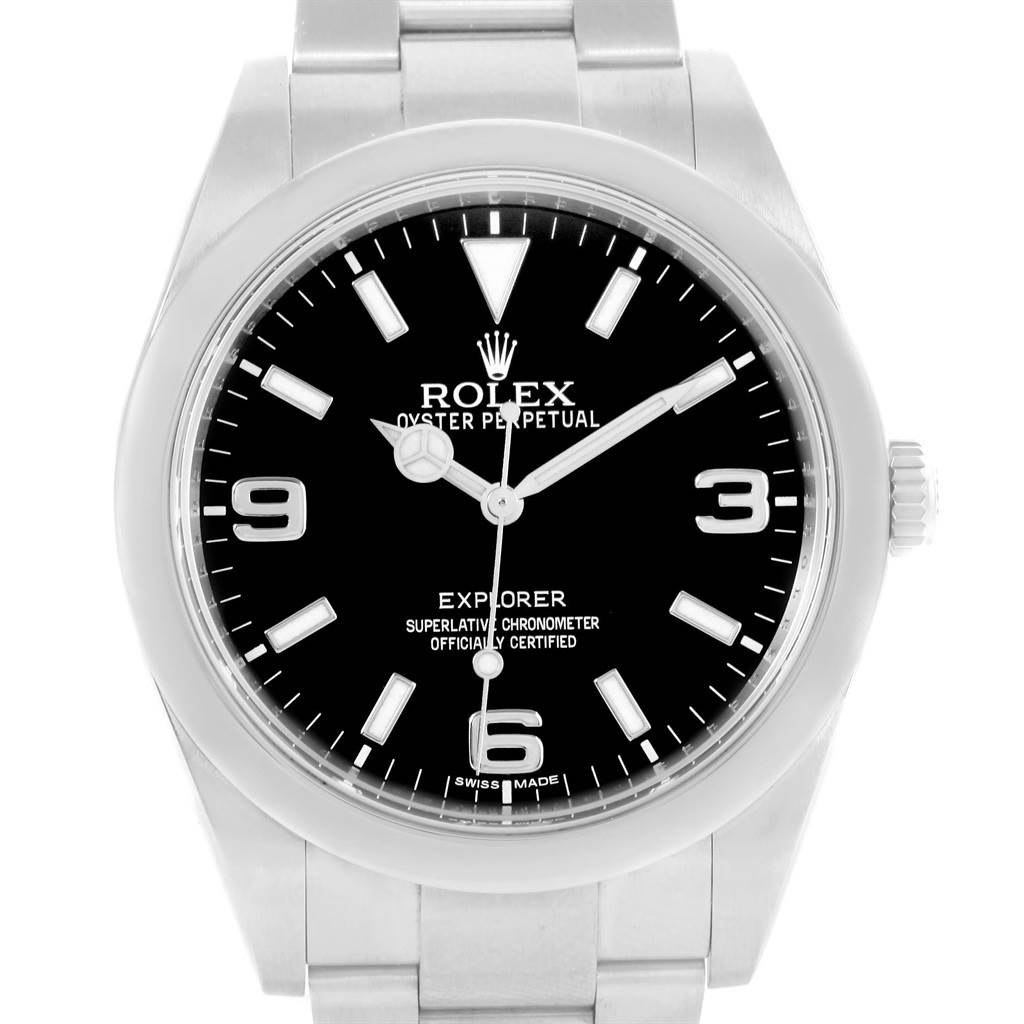 The image shows a frontal view of the Rolex Explorer 214270 Men's Stainless Steel Black Dial 214270 Men's Stainless Steel Black Dial watch, highlighting the dial, hands, bezel, and part of the bracelet.