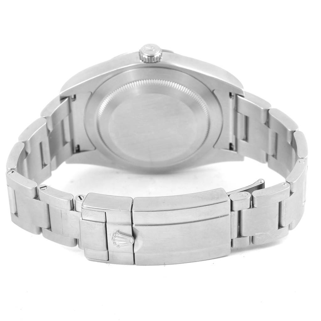 This image shows the back view of a Rolex Explorer 214270 Men's Stainless Steel Black Dial 214270 Men's Stainless Steel Black Dial watch, including the case back, crown, and clasp of the bracelet.