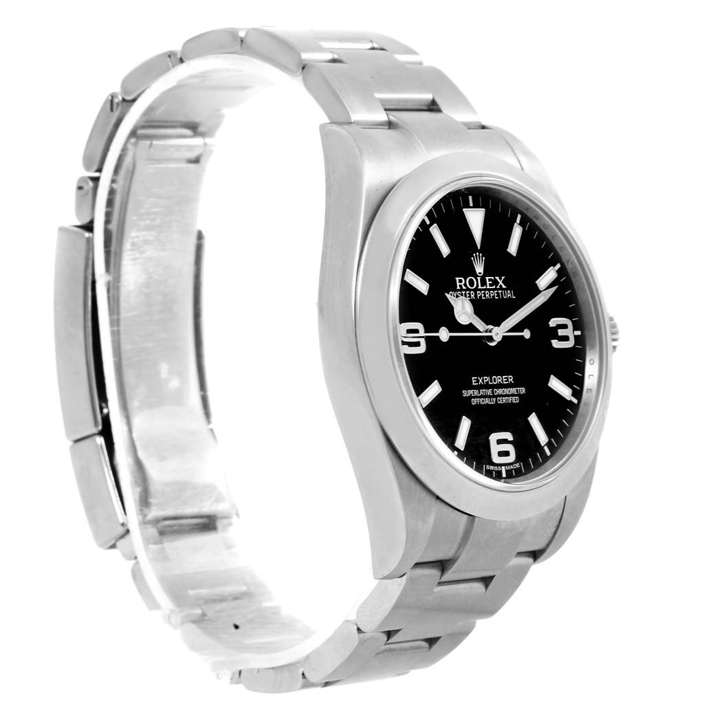 The Rolex Explorer 214270 Men's Stainless Steel Black Dial 214270 Men's Stainless Steel Black Dial watch is displayed at a three-quarter angle, showcasing its black dial, bezel, and stainless steel bracelet.