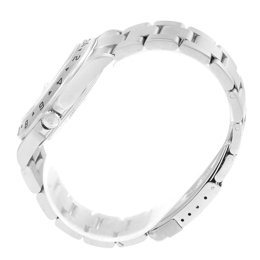 This image shows the side profile and bracelet of a Rolex Explorer 16570 Men's Stainless Steel Black Dial 16570 Men's Stainless Steel Black Dial watch.